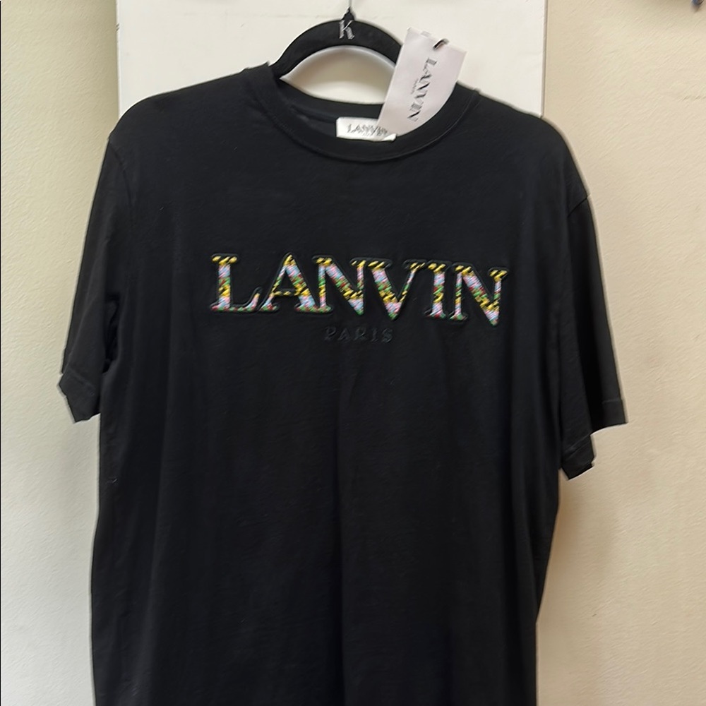 Lanvin Black Short Sleeve Tee Classic Crew Neck w embroidered logo medium